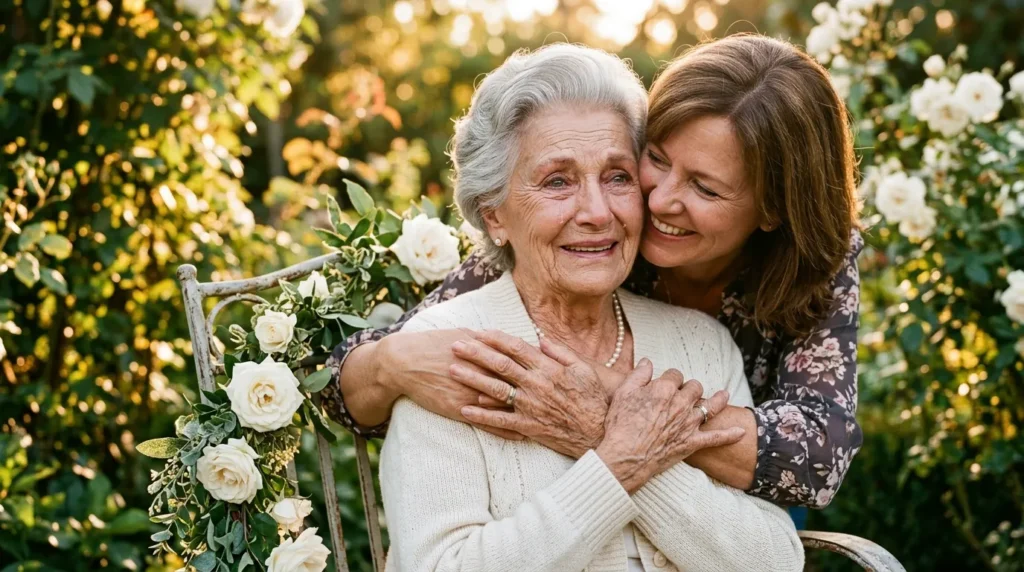 Silver-haired mom embraced by daughter in golden light evoking 90th Birthday Messages for Mom