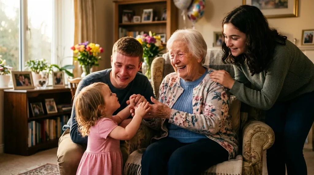 Grandchildren surrounding joyful elder with loving hugs illustrating 90th Birthday Messages From Grandchildren beautifully
