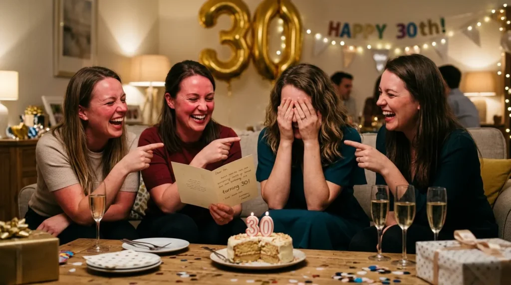 Friends burst into laughter sharing funny 30th birthday messages to roast your friend lovingly.