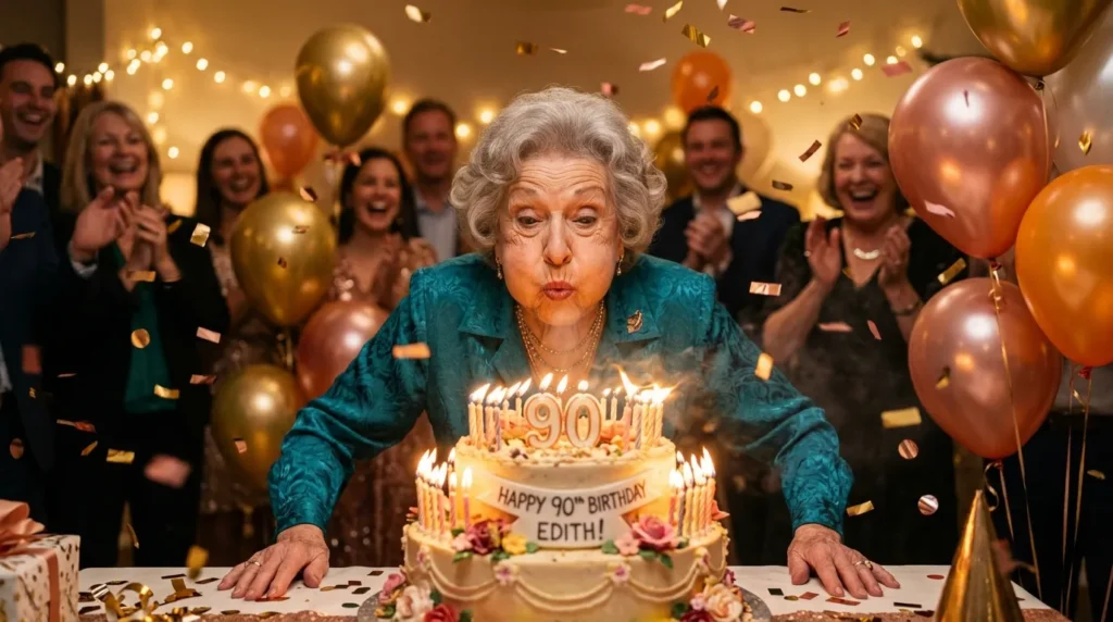 Lively elderly woman grinning widely at birthday candles capturing Funny 90th Birthday Messages energy perfectly