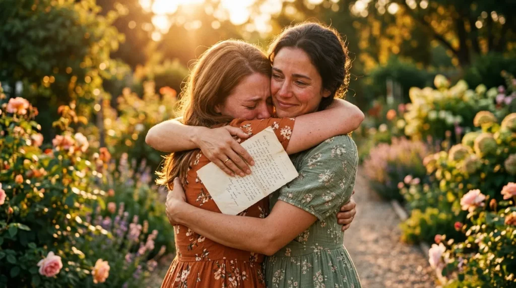 Two women embracing warmly, exchanging heartfelt 30th birthday messages for your childhood best friend.