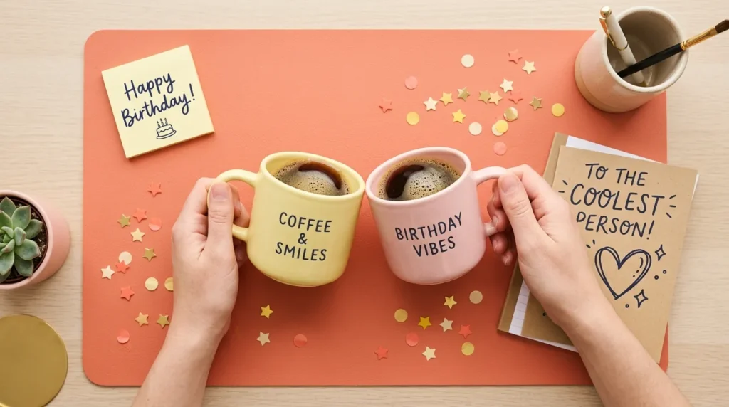 Coffee mugs and card illustrate birthday card messages for a close work friend