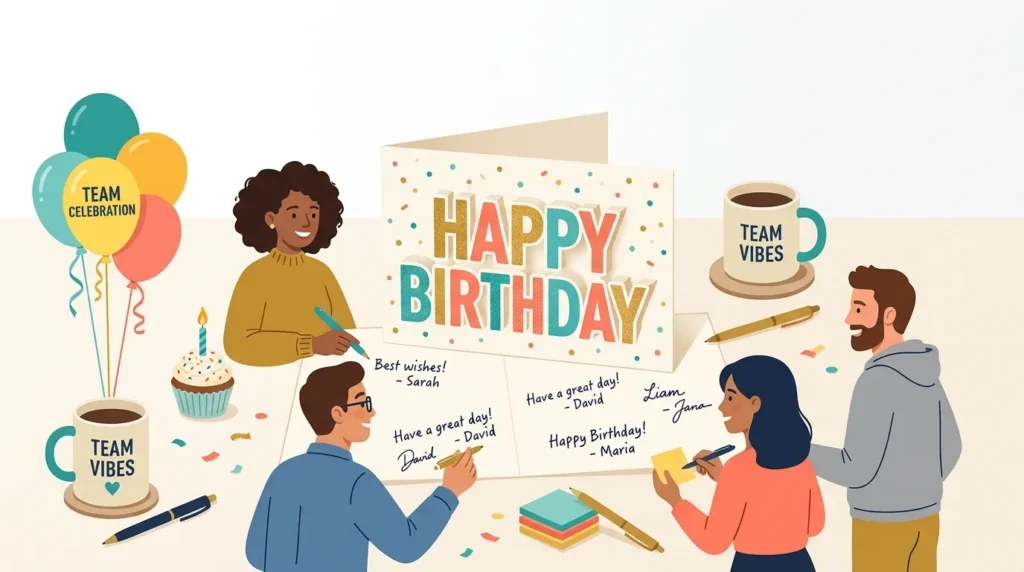 Coworkers signing a colorful group card with birthday card messages for coworker's celebration.