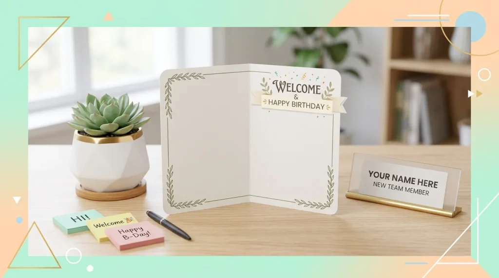 Welcome banner and card show birthday card messages for a new coworker