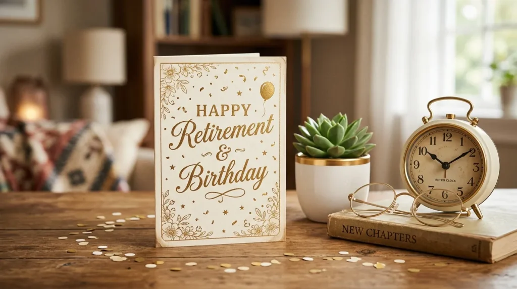 Gold retirement card design represents birthday card messages for a retiring coworker