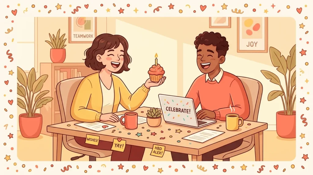 Two work friends celebrate birthday messages for your close work friend together happily.