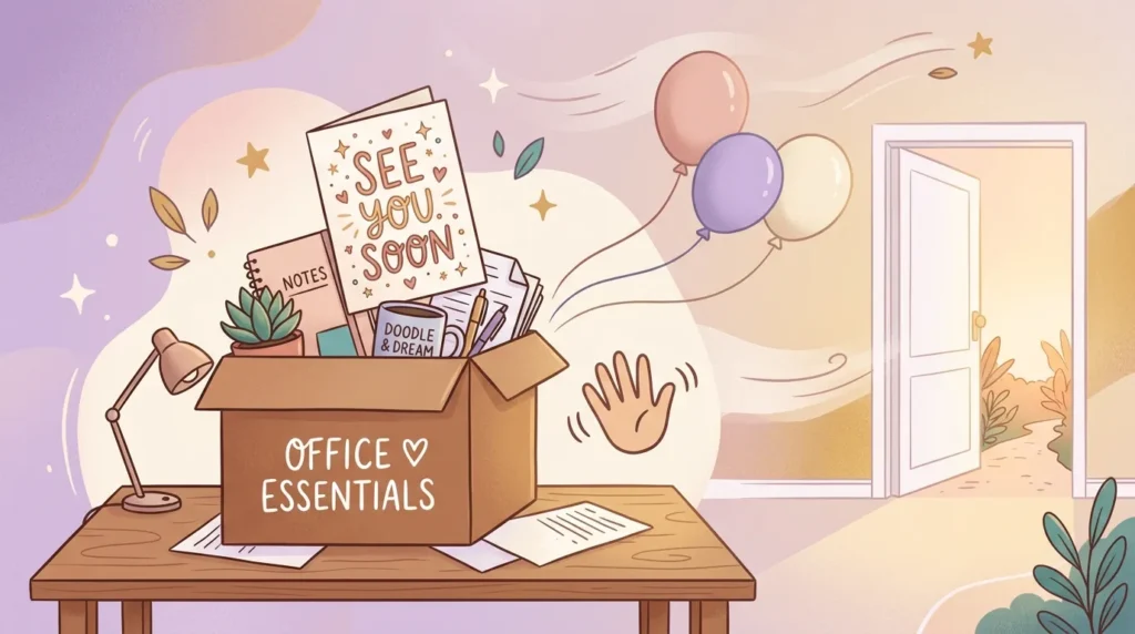 Packed box and waving hand show birthday messages for a coworker leaving soon.