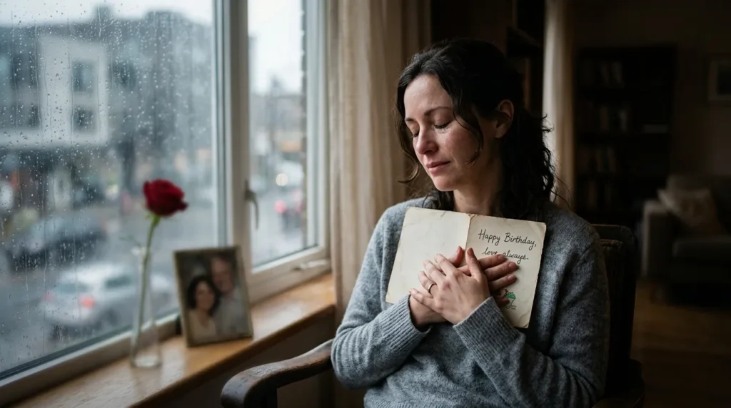 A woman holds a birthday card close, reflecting birthday messages for a love you miss.