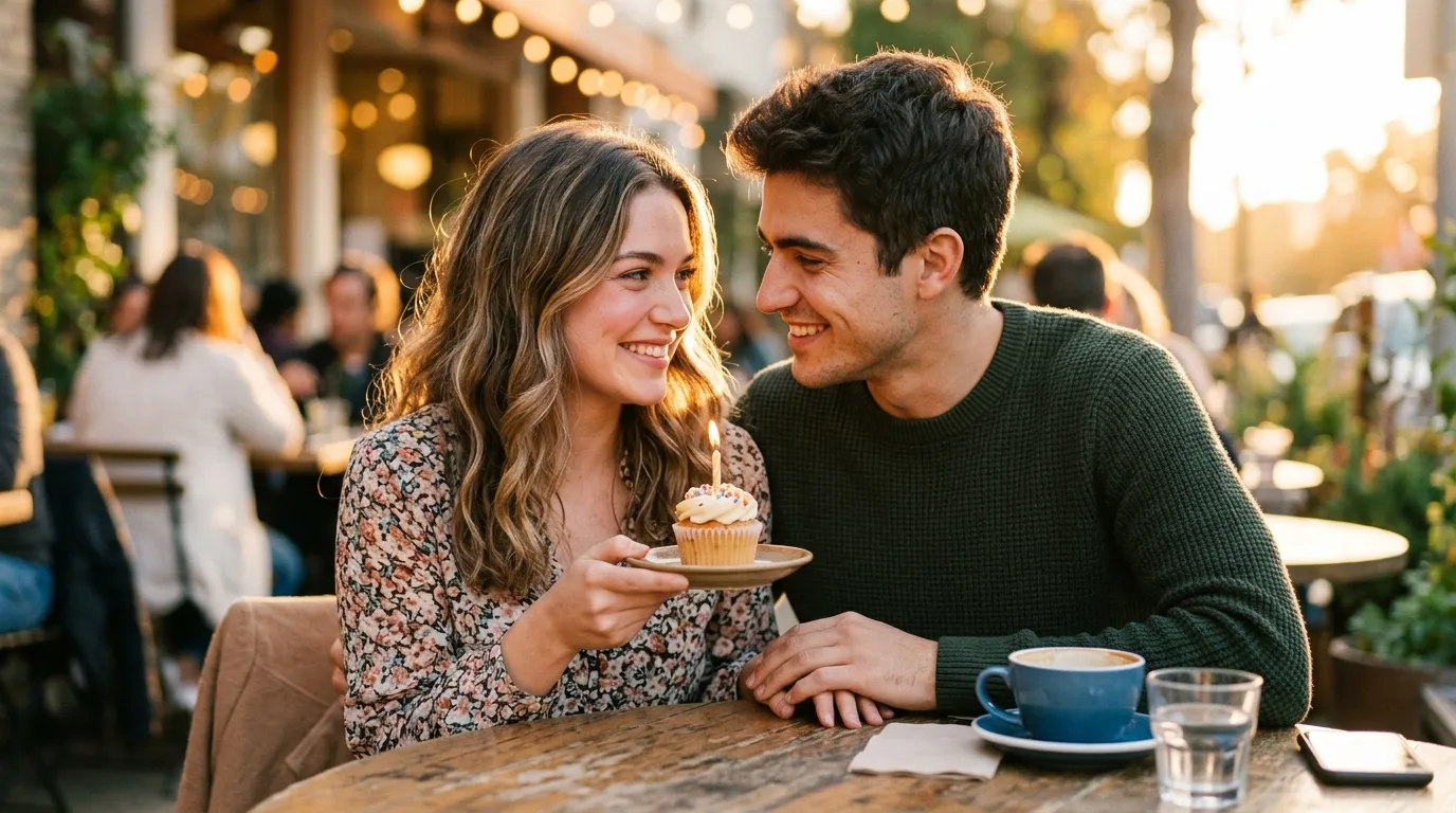 A glowing couple shares a birthday cupcake, capturing birthday messages for a new love.