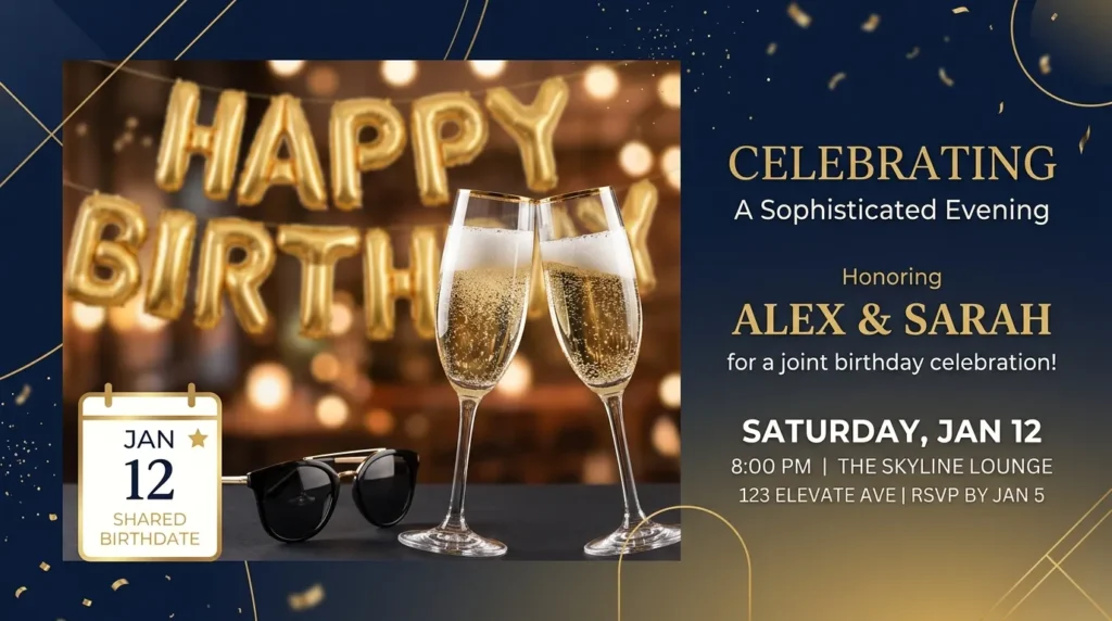 Birthday messages for adult twins displayed with elegant champagne toast and gold decor