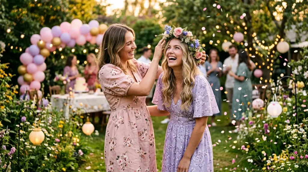 Two young women celebrating outdoors with birthday messages for cousin sister joy and confetti.