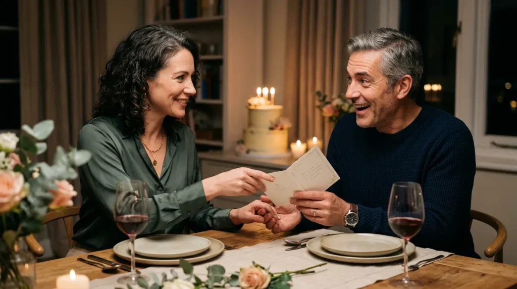 Wife tenderly hands her husband a birthday card &mdash; birthday messages for dad from his wife.