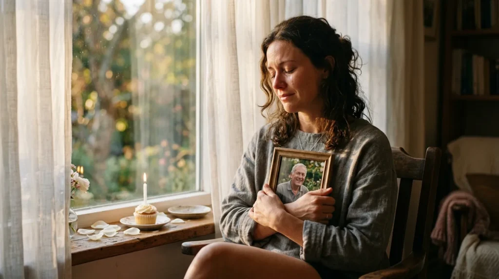 Daughter holds father's framed photo beside birthday candle &mdash; birthday messages for dad in loving memory.