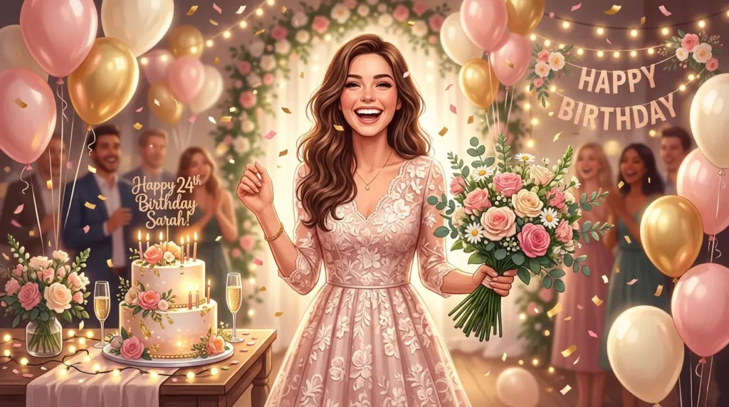 A joyful young woman with roses, balloons, and a glowing cake representing birthday messages for female cousin.