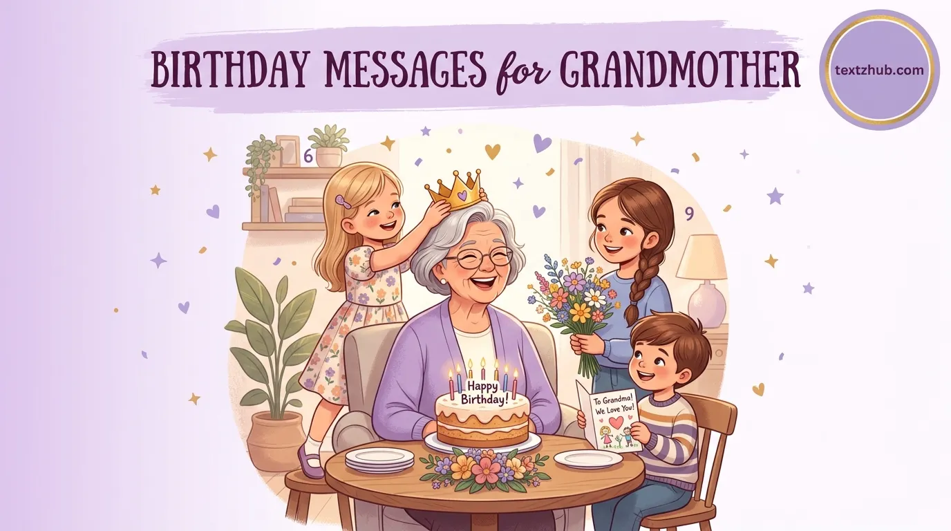 Joyful grandmother surrounded by grandchildren celebrating with birthday messages for grandmother.