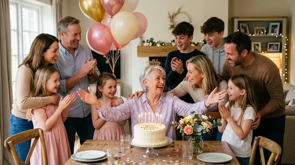 Joyful family celebration capturing birthday messages for grandmother from the whole family group birthday messages