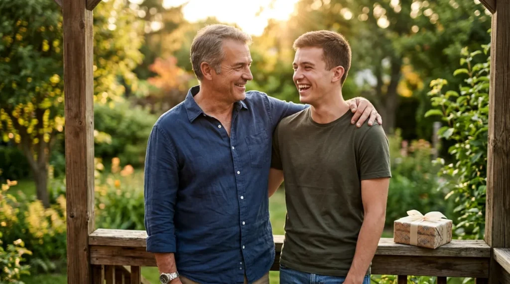 Stepchild warmly embraces smiling step-dad during golden-hour birthday celebration &mdash; birthday messages for step-dad.