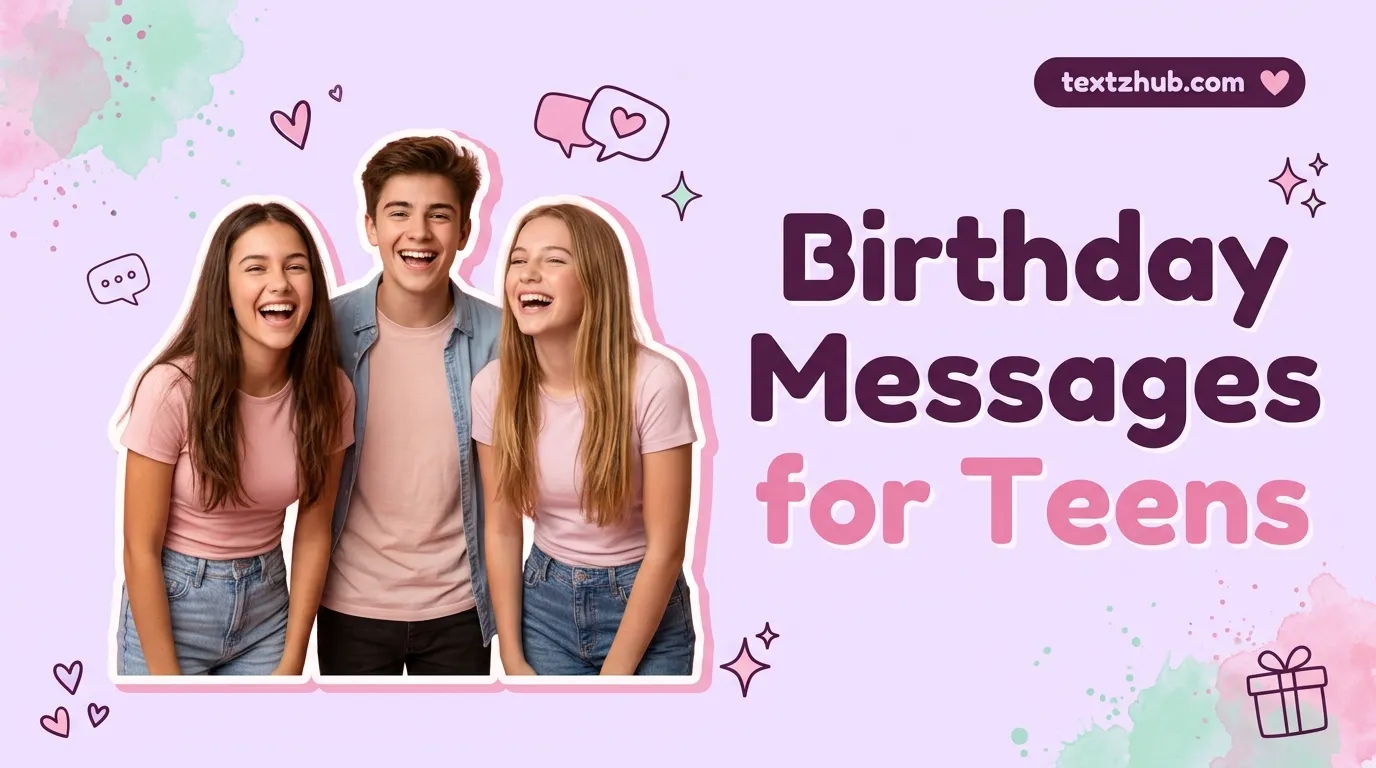 Group of laughing teens featured in a colorful birthday messages for teens graphic