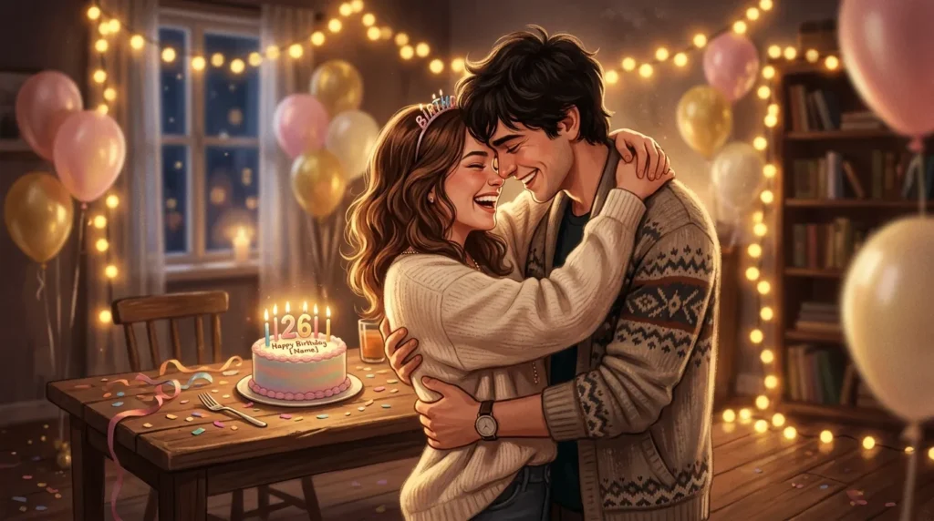 Two cousins embrace warmly with balloons and cake &mdash; birthday messages for the cousin who feels like a sibling.
