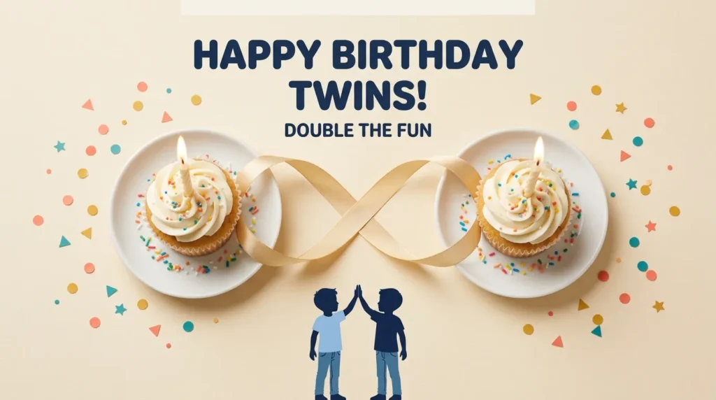Twin brothers celebrating birthday together with matching cupcakes and confetti design