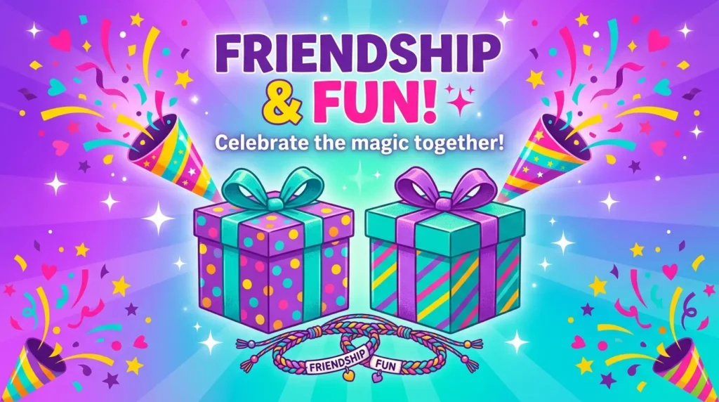 Birthday messages for twin friends shown with matching gifts and festive confetti