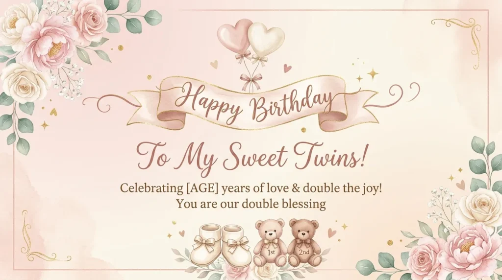 Birthday messages for twins from mom featured with heart balloons and soft florals