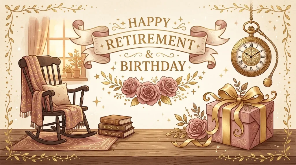 Gift box and retirement banner illustrate birthday messages for a retiring coworker.