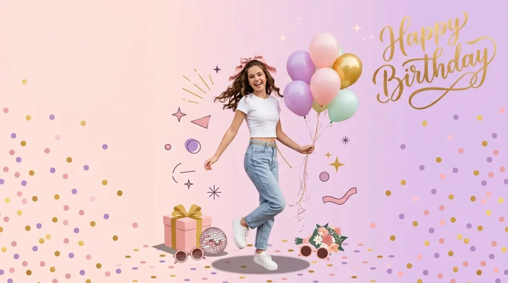 Trendy teenage girl celebrating with pastel balloons in fun birthday messages for teen girls graphic
