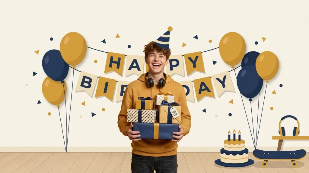 Teen son celebrating his birthday with gifts and balloons in a colorful modern graphic