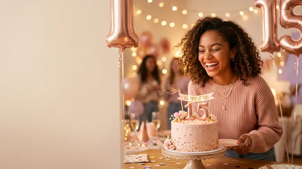 Teen girl celebrating with candles and balloons in birthday messages for a teen turning 15 graphic.