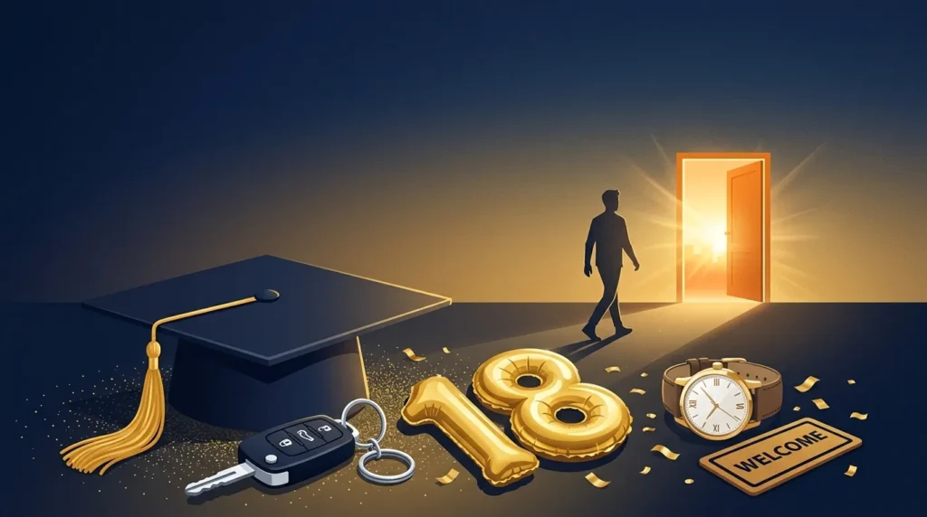 Graduation cap and keys symbolize birthday messages for a teen turning 18 welcoming adulthood.