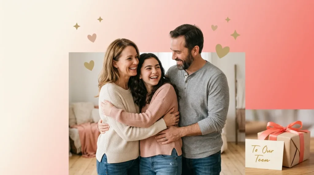 Parents hugging their teenager while sharing heartfelt birthday messages for teens from parents
