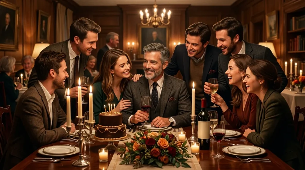 Distinguished older cousin celebrated at an elegant candlelit dinner, birthday wishes for older cousin scene.