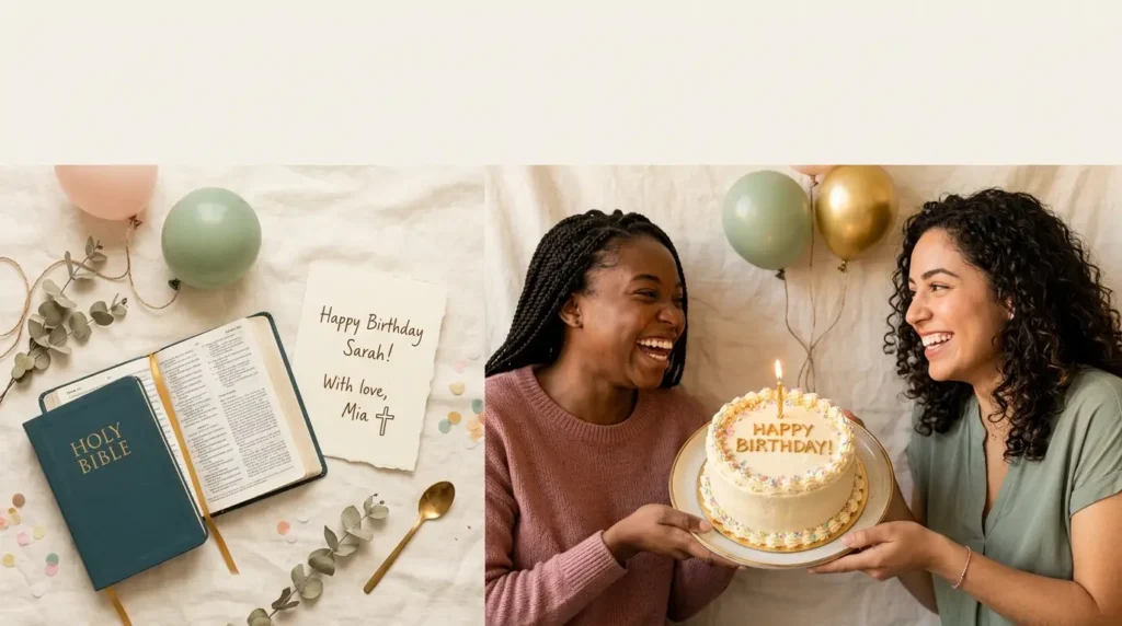 Two friends celebrating with cake, Bible, and cards showing Christian birthday messages for a friend