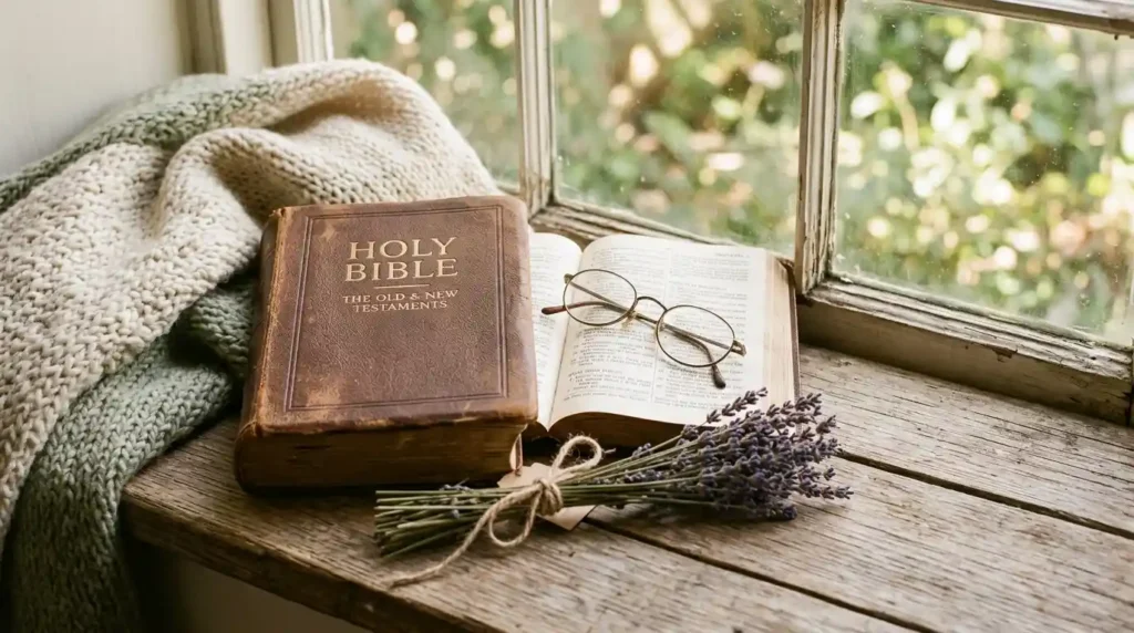 Bible, glasses, and lavender evoke Christian birthday messages for a grandparent