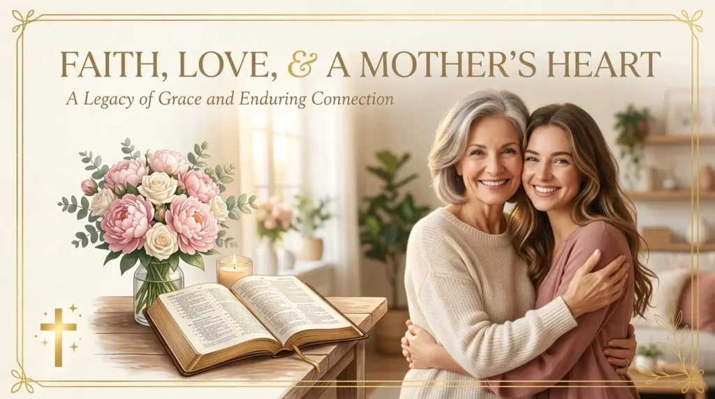 Mother and daughter embrace with peonies show Christian birthday messages for a mother