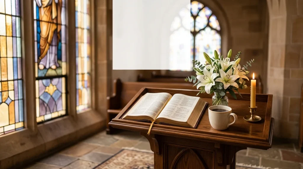 Pulpit, Bible, and lilies represent Christian birthday messages for a pastor