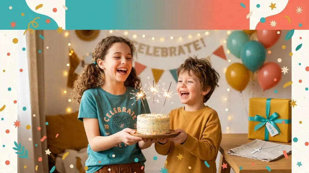 Siblings celebrating with cake and cross reflect Christian birthday messages for a sibling