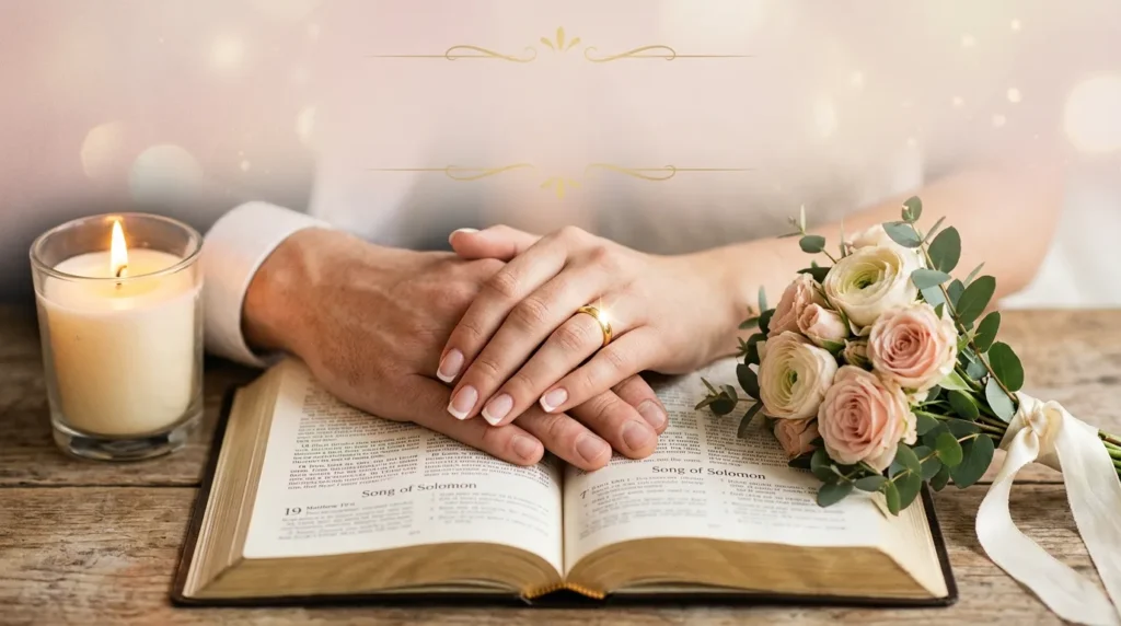 Couple's hands on open Bible symbolize Christian birthday messages for a spouse