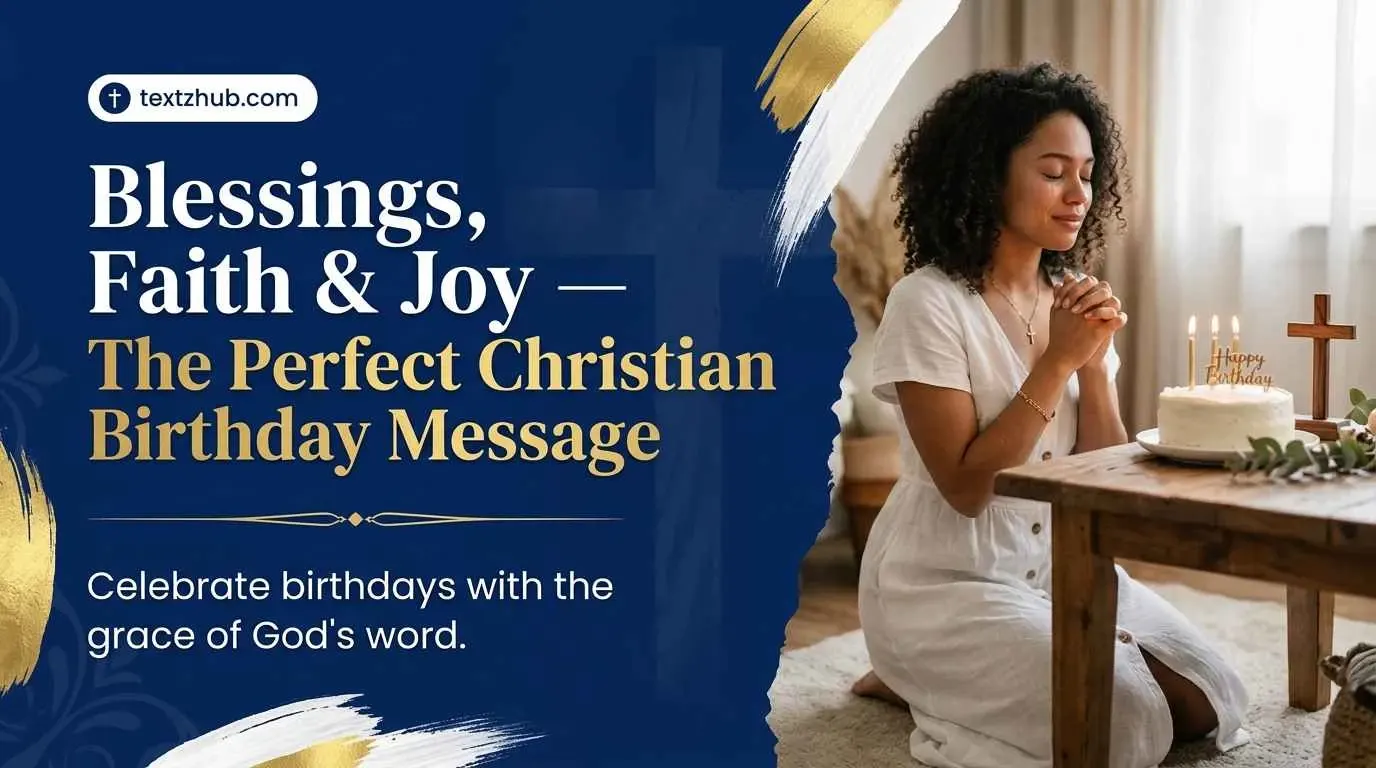 Young woman in prayerful celebration surrounded by the warmth of Christian birthday messages.
