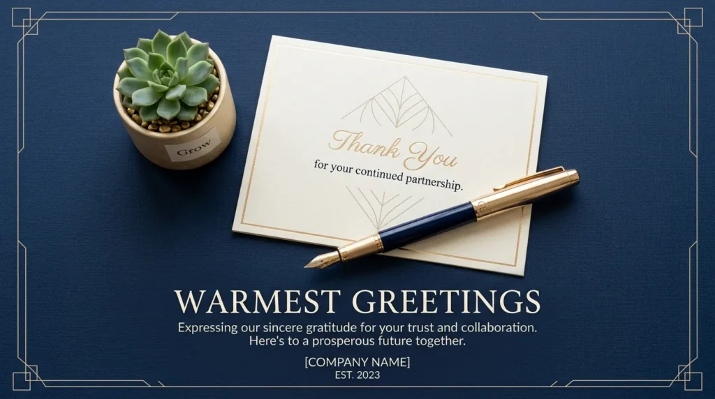Elegant pen and card symbolize formal birthday messages for a colleague.