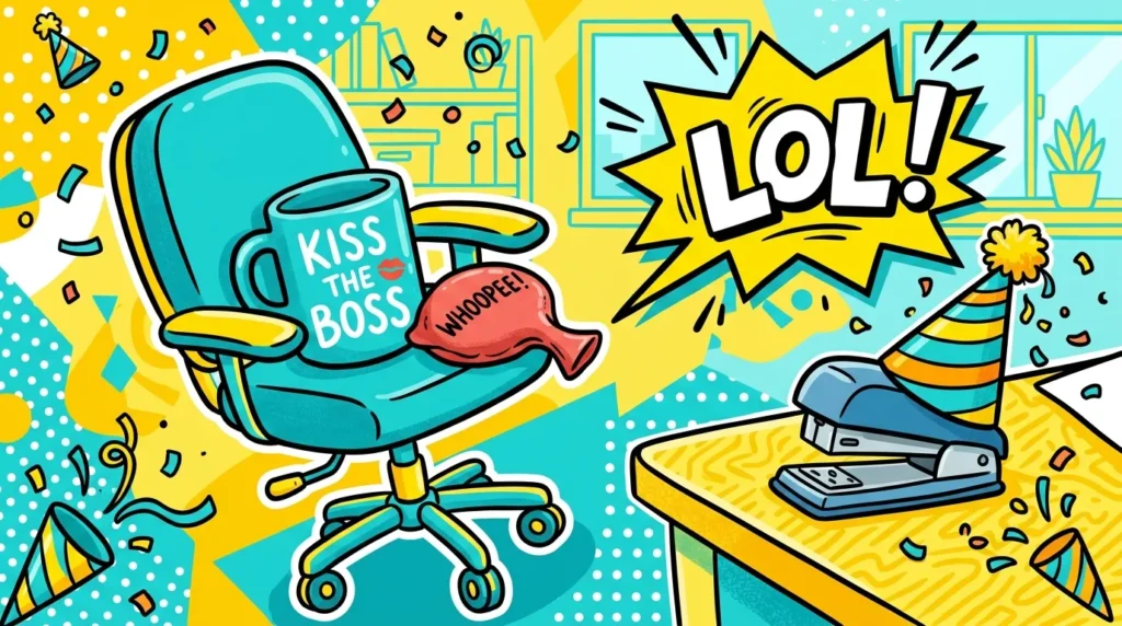 Whoopee cushion and party hat depict funny birthday messages for a coworker.