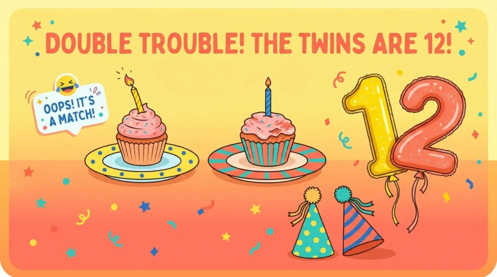 Funny birthday messages for twins shown with playful mismatched party decorations and balloons
