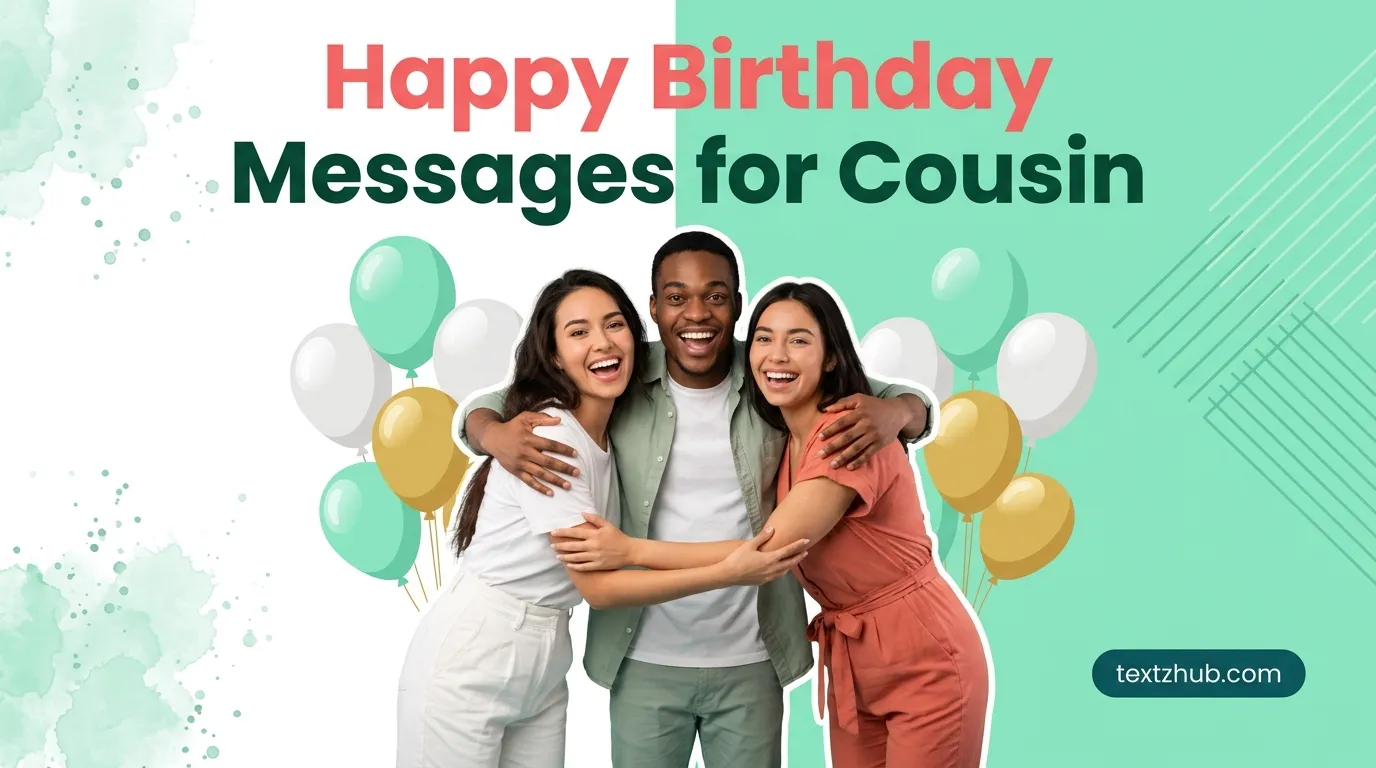 Vibrant trio of cousins posing for a collection of happy birthday messages for cousin feature image.