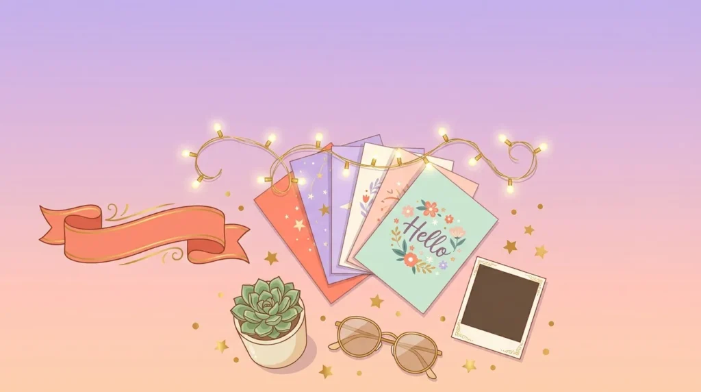 Colorful Canva flat-lay graphic featuring inspirational birthday messages for teens with cards and lights.
