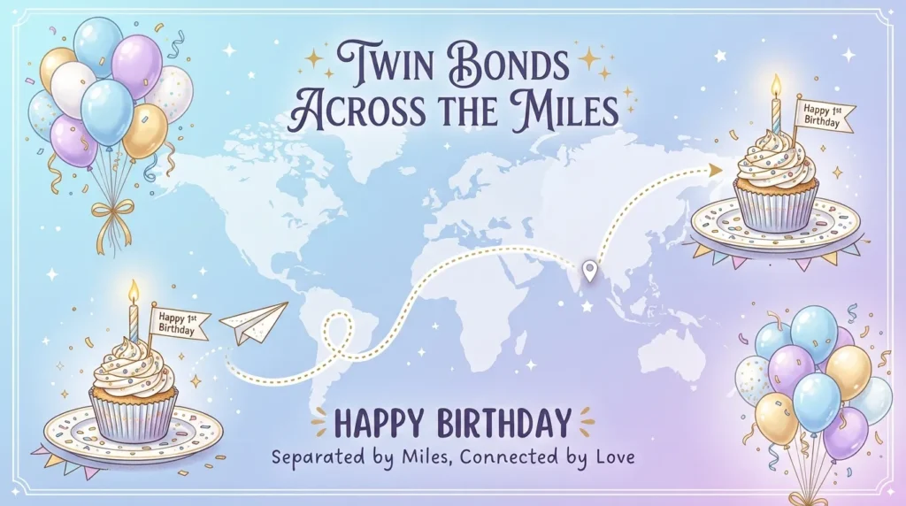 Long-distance birthday messages for twins illustrated with paper airplane and world map