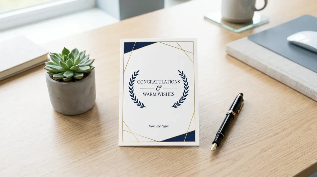 Navy card and pen depict professional birthday card messages for a coworker
