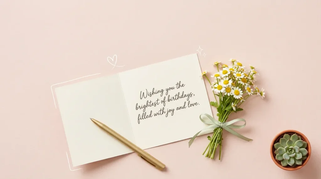 Daisies and handwritten card show simple and sweet birthday card messages for coworker.
