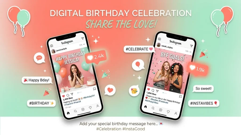 Social media birthday messages for twins displayed with phone mockups and hashtag icons