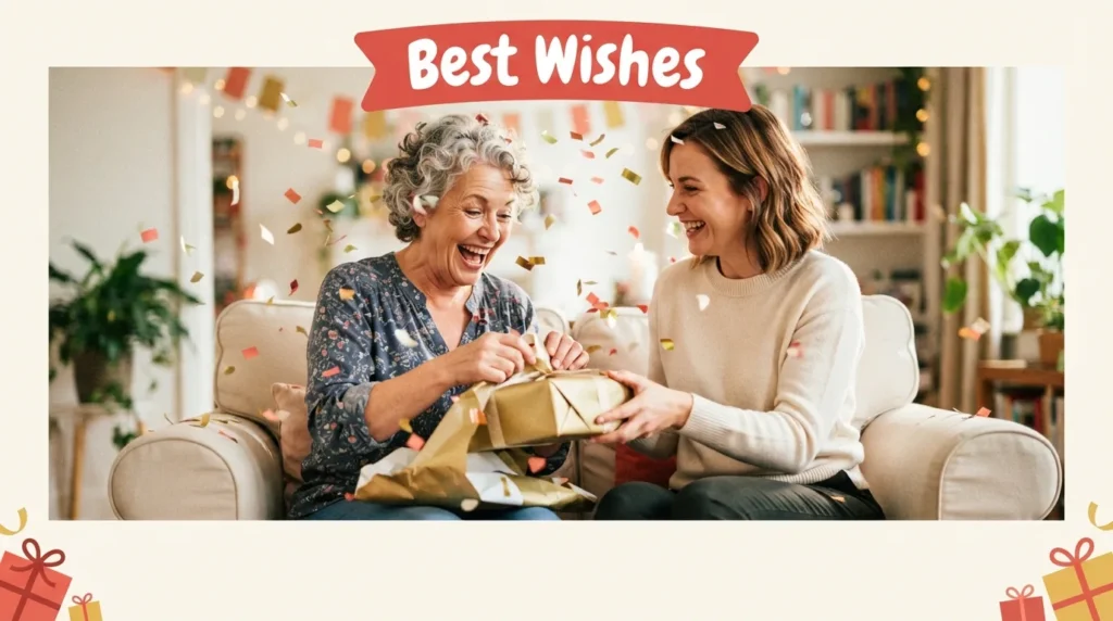 Mother-in-law joyfully opening birthday gift from smiling daughter-in-law together